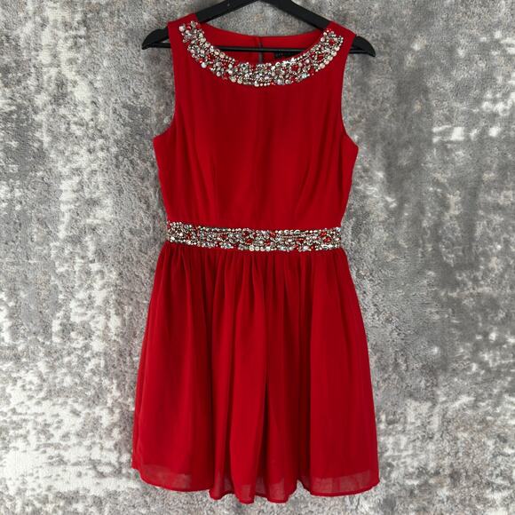 City Studio Junior Size 5 Rhinestone Fit Flare Mini Dress Red Sleeveless Lined - Picture 1 of 11